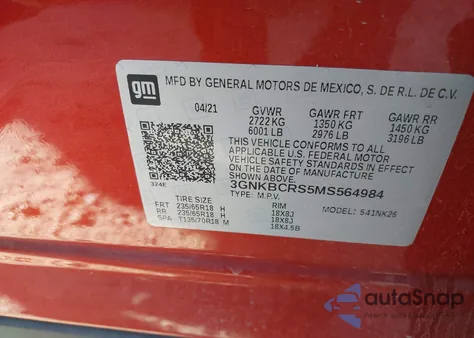 2021 Chevrolet Blazer Fwd 2Lt из США, поврежденный, VIN 3GNKBCRS5MS564984